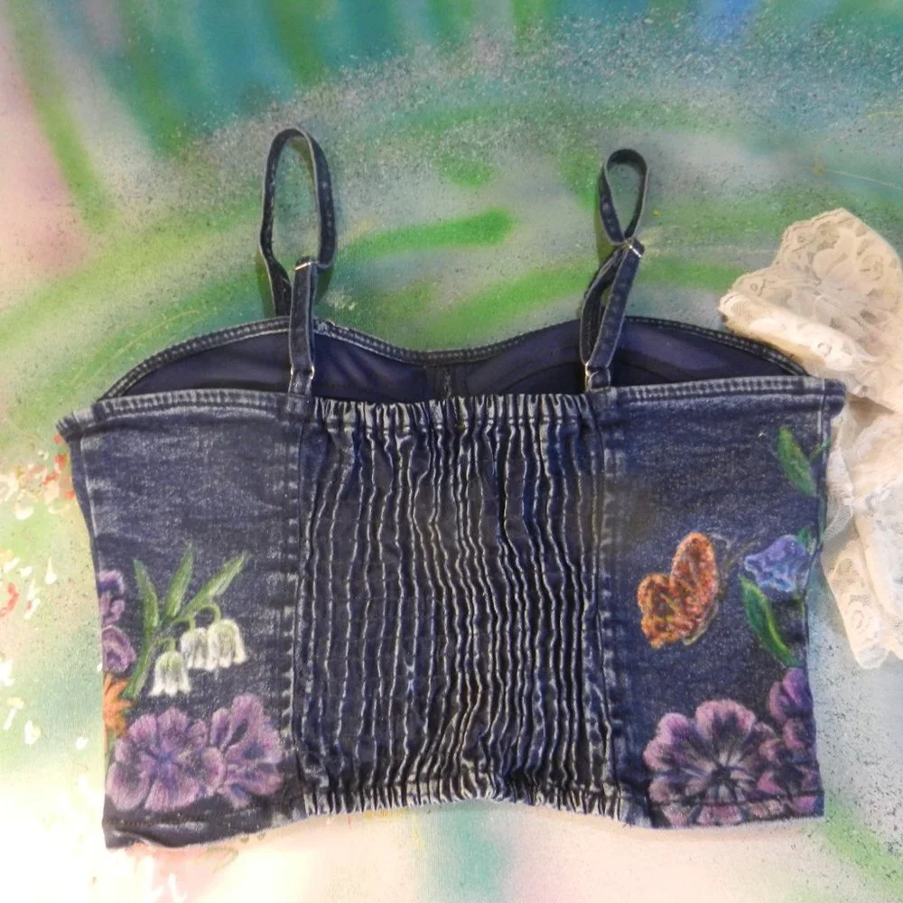 HAND CRAFTED floral denim bustier OOAK custom hand painted jean camisole top - Picture 4 of 16